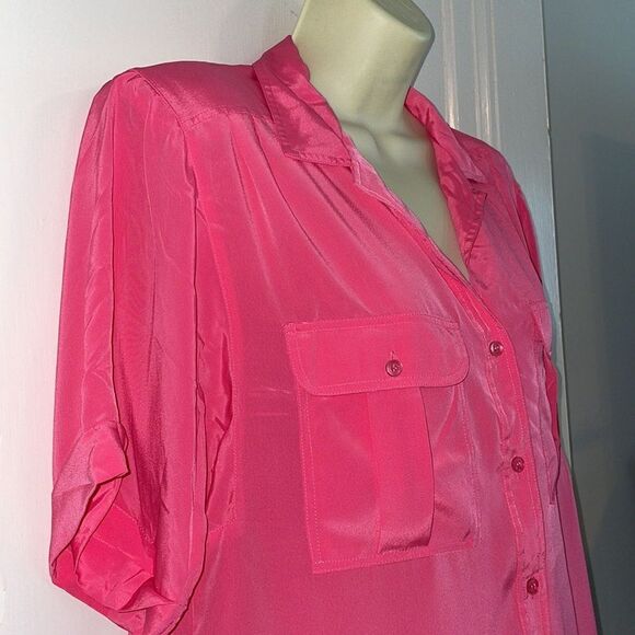 Vtg 80s/90s La Blouse bright pink polyester short sleeve button down shirt - Picture 5 of 8